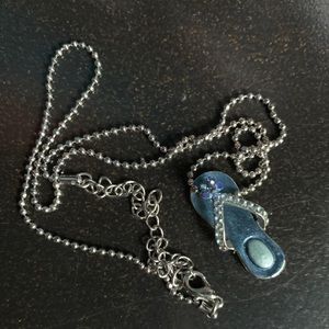 Flip Flop Pendant Necklace w/Blue Enamel, Rhinestones, Silver-Tone Chain